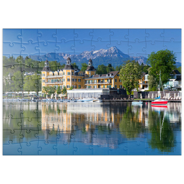 puzzleplate Schlosshotel am See gegen Mittagskogel (2143m), Velden, Wörther See, Kärnten, Österreich 100 Puzzle
