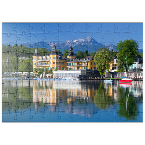 puzzleplate Schlosshotel am See gegen Mittagskogel (2143m), Velden, Wörther See, Kärnten, Österreich 100 Puzzle