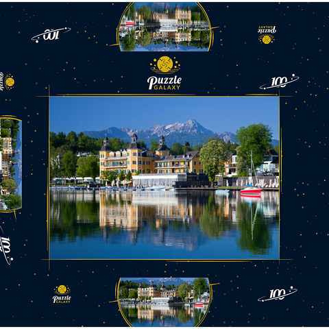 Schlosshotel am See gegen Mittagskogel (2143m), Velden, Wörther See, Kärnten, Österreich 100 Puzzle Schachtel 3D Modell