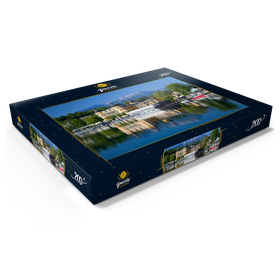 Alternative Darstellung des Puzzle-Motivs Schlosshotel am See gegen Mittagskogel (2143m), Velden, Wörther See, Österreich – Puzzleteile: 200