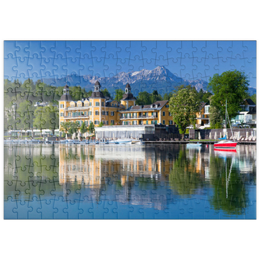 puzzleplate Schlosshotel am See gegen Mittagskogel (2143m), Velden, Wörther See, Kärnten, Österreich 200 Puzzle