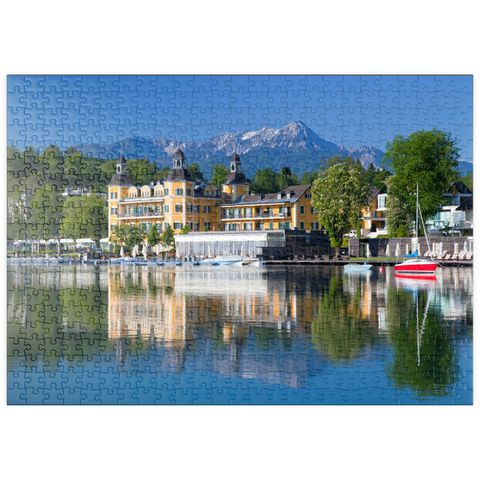 puzzleplate Schlosshotel am See gegen Mittagskogel (2143m), Velden, Wörther See, Kärnten, Österreich 500 Puzzle