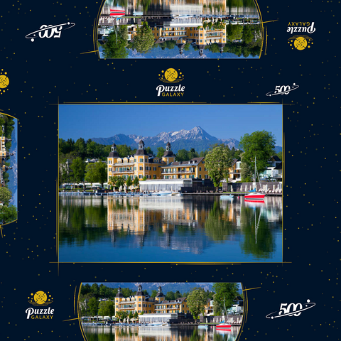 Schlosshotel am See gegen Mittagskogel (2143m), Velden, Wörther See, Kärnten, Österreich 500 Puzzle Schachtel 3D Modell