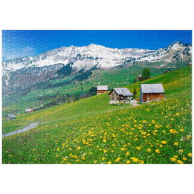 Darstellung des Puzzle-Motivs Bauernhöfe gegen Mattstock (1936m), Amden, Kanton St. Gallen, Schweiz – Puzzleteile: 1000