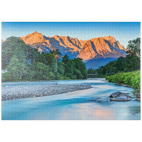 Darstellung des Puzzle-Motivs Loisach mit Blick zur Zugspitzgruppe (2962m) bei Burgrain im Morgenlicht – Puzzleteile: 1000