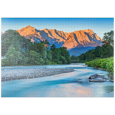 puzzleplate Loisach mit Blick zur Zugspitzgruppe (2962m) bei Burgrain im Morgenlicht 1000 Puzzle