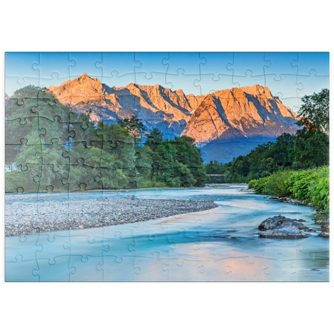puzzleplate Loisach mit Blick zur Zugspitzgruppe (2962m) bei Burgrain im Morgenlicht 100 Puzzle