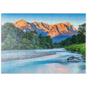 Darstellung des Puzzle Motivs Loisach mit Blick zur Zugspitzgruppe (2962m) bei Burgrain im Morgenlicht - Puzzleteile: 100
