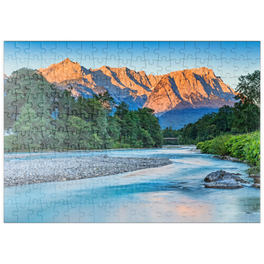 puzzleplate Loisach mit Blick zur Zugspitzgruppe (2962m) bei Burgrain im Morgenlicht 200 Puzzle
