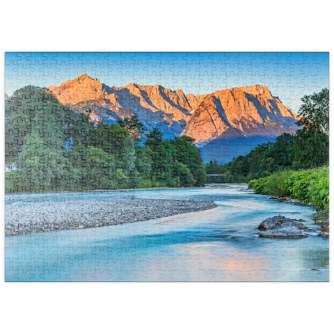 puzzleplate Loisach mit Blick zur Zugspitzgruppe (2962m) bei Burgrain im Morgenlicht 500 Puzzle