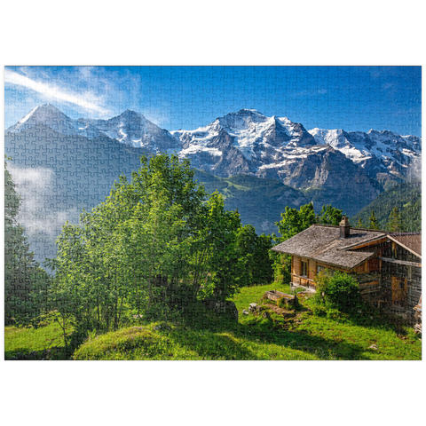 puzzleplate Isenfluh, Weiler Sulwald (1520m) Hütte gegen Eiger (3970m), Mönch (4107m) und Jungfrau (4158m) 1000 Puzzle