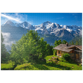 Darstellung des Puzzle Motivs Isenfluh, Weiler Sulwald (1520m) Hütte gegen Eiger (3970m), Mönch (4107m) und Jungfrau (4158m) - Puzzleteile: 1000