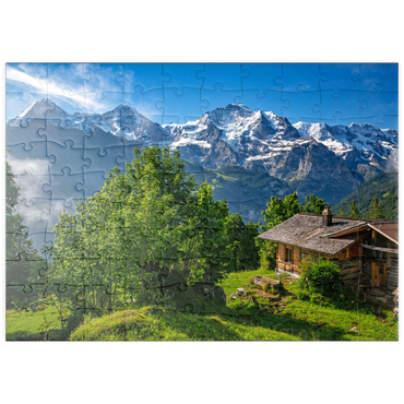 puzzleplate Isenfluh, Weiler Sulwald (1520m) Hütte gegen Eiger (3970m), Mönch (4107m) und Jungfrau (4158m) 100 Puzzle