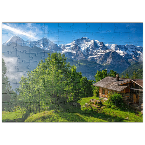 puzzleplate Isenfluh, Weiler Sulwald (1520m) Hütte gegen Eiger (3970m), Mönch (4107m) und Jungfrau (4158m) 100 Puzzle