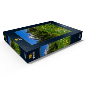 Darstellung des Puzzle Motivs Am Kreuzeck, Trollblumenwiese (Trollius europaeus) gegen Alpspitze mit Paraglider - Puzzleteile: 1000
