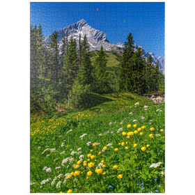 Darstellung des Puzzle-Motivs Am Kreuzeck, Trollblumenwiese (Trollius europaeus) gegen Alpspitze mit Paraglider – Puzzleteile: 1000