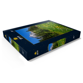 Darstellung des Puzzle Motivs Am Kreuzeck, Trollblumenwiese (Trollius europaeus) gegen Alpspitze mit Paraglider - Puzzleteile: 100