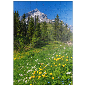 Darstellung des Puzzle Motivs Am Kreuzeck, Trollblumenwiese (Trollius europaeus) gegen Alpspitze mit Paraglider - Puzzleteile: 100