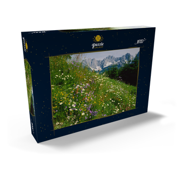 Blumenwiese mit Blick zum Wilden Kaiser, Tirol, Österreich 1000 Puzzle Schachtel Ansicht2