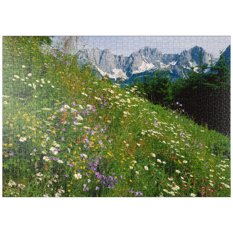 puzzleplate Blumenwiese mit Blick zum Wilden Kaiser, Tirol, Österreich 1000 Puzzle