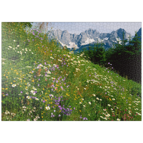Darstellung des Puzzle Motivs Blumenwiese mit Blick zum Wilden Kaiser, Tirol, Österreich - Puzzleteile: 1000