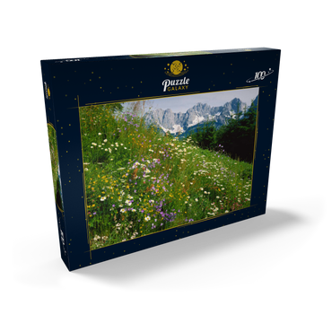 Blumenwiese mit Blick zum Wilden Kaiser, Tirol, Österreich 100 Puzzle Schachtel Ansicht2