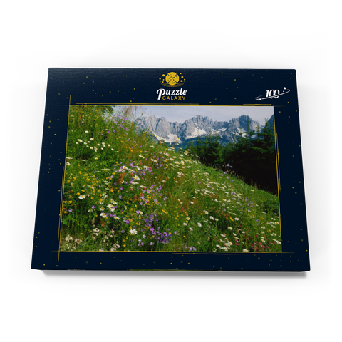Blumenwiese mit Blick zum Wilden Kaiser, Tirol, Österreich 100 Puzzle Schachtel Ansicht3