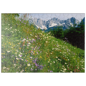 Darstellung des Puzzle-Motivs Blumenwiese mit Blick zum Wilden Kaiser, Tirol, Österreich – Puzzleteile: 200
