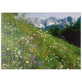 Darstellung des Puzzle-Motivs Blumenwiese mit Blick zum Wilden Kaiser, Tirol, Österreich – Puzzleteile: 500