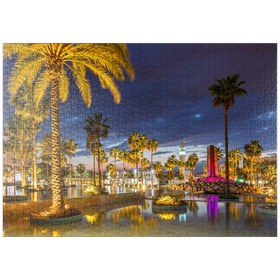 Darstellung des Puzzle-Motivs Brunnen mit Palmen am Abend, Aqaba, Golf von Aqaba, Jordanien – Puzzleteile: 1000