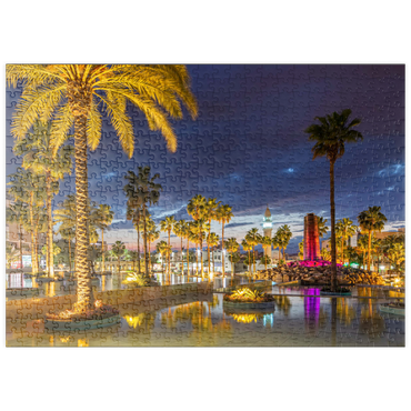 puzzleplate Brunnen mit Palmen am Abend, Aqaba, Golf von Aqaba, Jordanien 500 Puzzle