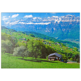 Darstellung des Puzzle Motivs Flumserberg mit Blick zu den Churfirsten (2306m), Kanton St. Gallen, Schweiz - Puzzleteile: 100