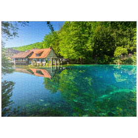 Darstellung des Puzzle Motivs Mühle am Blautopf, eine Karstquelle in Blaubeuren, Alb-Donau-Kreis - Puzzleteile: 1000