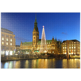 Darstellung des Puzzle-Motivs Kleine Alster mit Weihnachtsbaum und Rathaus, Hamburg, Deutschland – Puzzleteile: 1000
