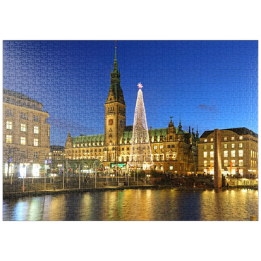 puzzleplate Kleine Alster mit Weihnachtsbaum und Rathaus, Hamburg, Deutschland 1000 Puzzle