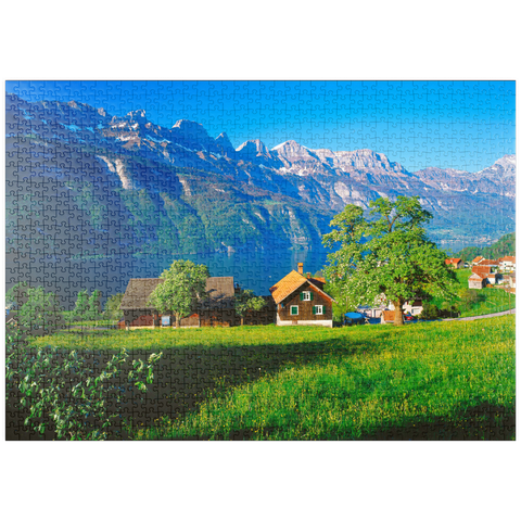puzzleplate Blick über den Walensee zu den Churfirsten (2306m), Quarten, Kanton St. Gallen, Schweiz 1000 Puzzle
