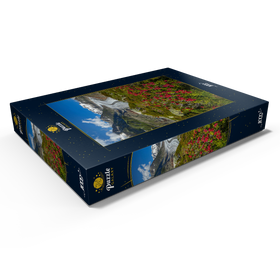 Darstellung des Puzzle Motivs Alpenrosenblüte, Großer Aletschgletscher gegen Wannenhorn (3906m) - Puzzleteile: 1000