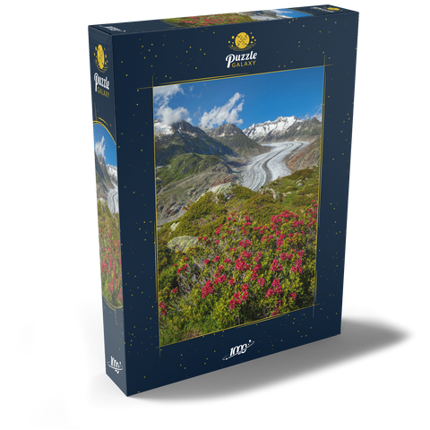 Alpenrosenblüte, Großer Aletschgletscher gegen Wannenhorn (3906m) 1000 Puzzle Schachtel Ansicht2
