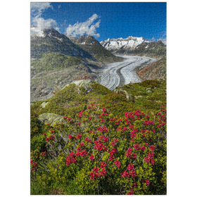 Darstellung des Puzzle Motivs Alpenrosenblüte, Großer Aletschgletscher gegen Wannenhorn (3906m) - Puzzleteile: 1000