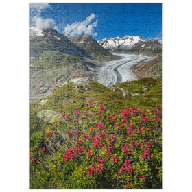 Darstellung des Puzzle-Motivs Alpenrosenblüte, Großer Aletschgletscher gegen Wannenhorn (3906m) – Puzzleteile: 200