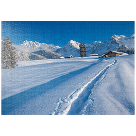 Darstellung des Puzzle-Motivs Buckelwiesen bei Mittenwald gegen Wörner (2474m) und Karwendelgebirge – Puzzleteile: 1000