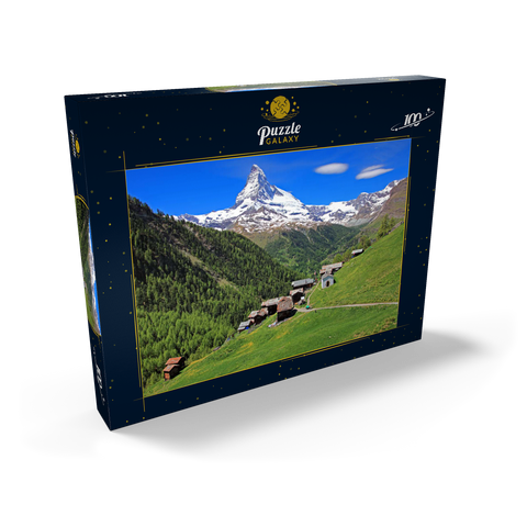 Weiler Findeln gegen Matterhorn (4478m), Zermatt, Kanton Wallis, Schweiz 100 Puzzle Schachtel Ansicht2