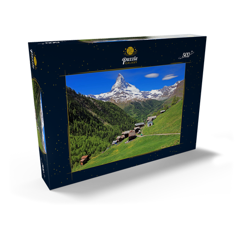 Weiler Findeln gegen Matterhorn (4478m), Zermatt, Kanton Wallis, Schweiz 500 Puzzle Schachtel Ansicht2