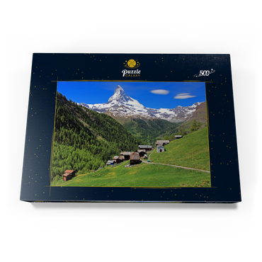 Weiler Findeln gegen Matterhorn (4478m), Zermatt, Kanton Wallis, Schweiz 500 Puzzle Schachtel Ansicht3