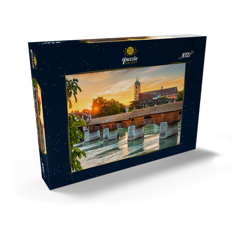 Überdachte Holzbrücke und Fridolinsmünster in Bad Säckingen bei Sonnenuntergang 1000 Puzzle Schachtel Ansicht2