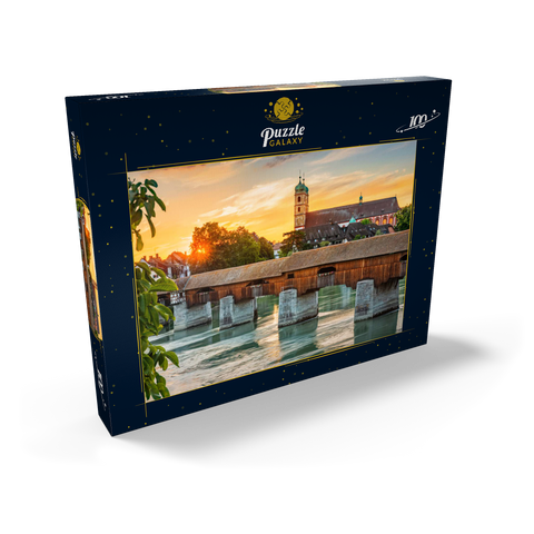Überdachte Holzbrücke und Fridolinsmünster in Bad Säckingen bei Sonnenuntergang 100 Puzzle Schachtel Ansicht2