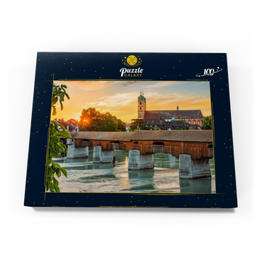 Überdachte Holzbrücke und Fridolinsmünster in Bad Säckingen bei Sonnenuntergang 100 Puzzle Schachtel Ansicht3