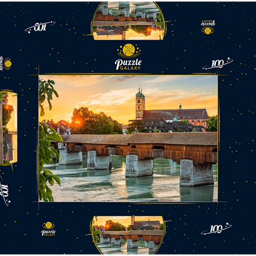 Überdachte Holzbrücke und Fridolinsmünster in Bad Säckingen bei Sonnenuntergang 100 Puzzle Schachtel 3D Modell