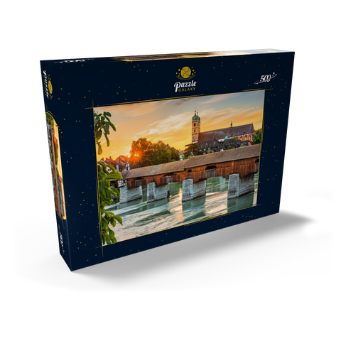 Überdachte Holzbrücke und Fridolinsmünster in Bad Säckingen bei Sonnenuntergang 500 Puzzle Schachtel Ansicht2
