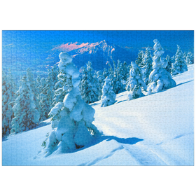 Darstellung des Puzzle-Motivs Verschneite Tannen am Niederhorn (1963m) mit Blick zum Niesen (2362m) – Puzzleteile: 1000